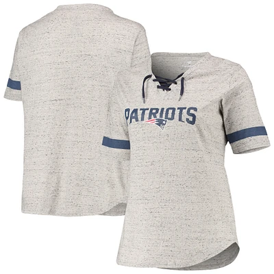 Women's Heathered Gray New England Patriots Plus Size Lace-Up V-Neck T-Shirt