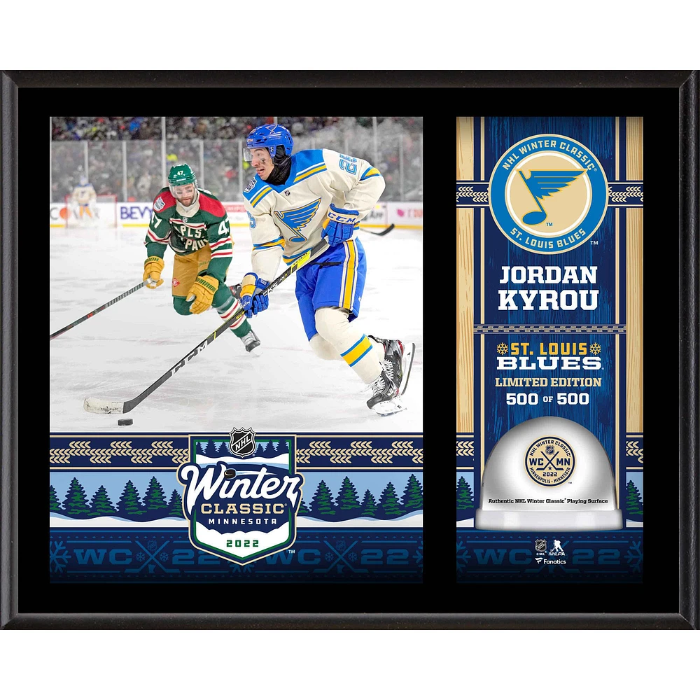 Jordan Kyrou St. Louis Blues 2022 Winter Classic 12" x 15" Sublimated Plaque with Game-Used Ice