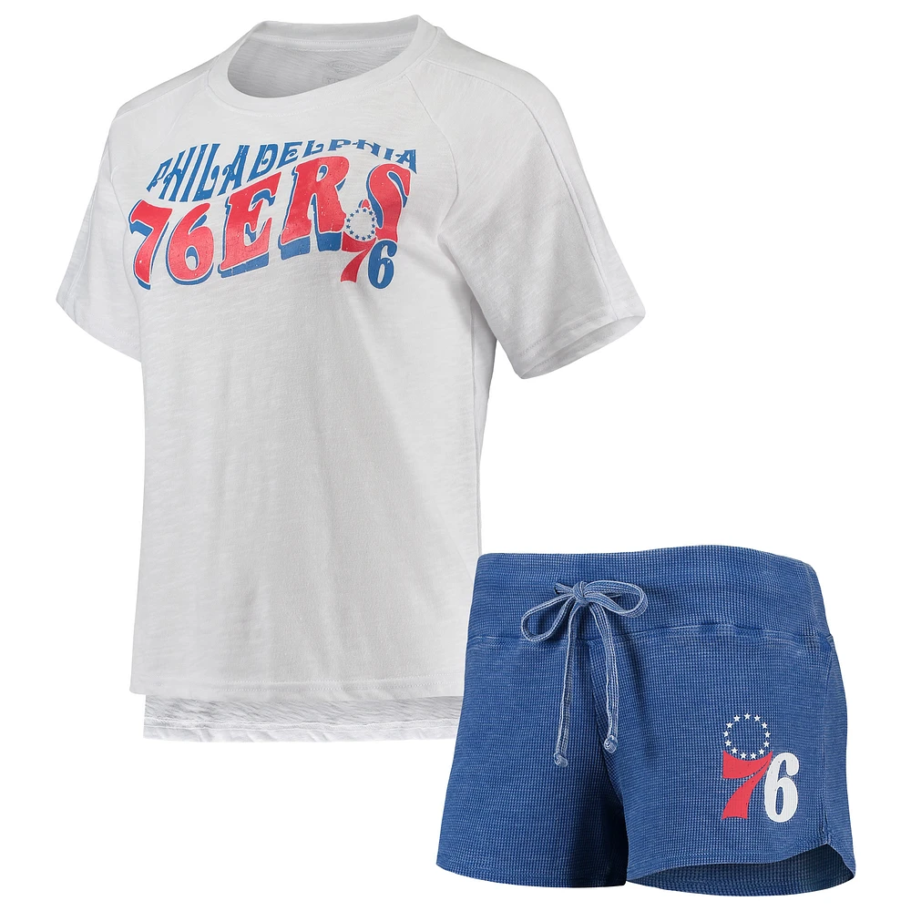 Women's Concepts Sport Royal/White Philadelphia 76ers Resurgence Slub Burnout Raglan Top & Shorts Sleep Set