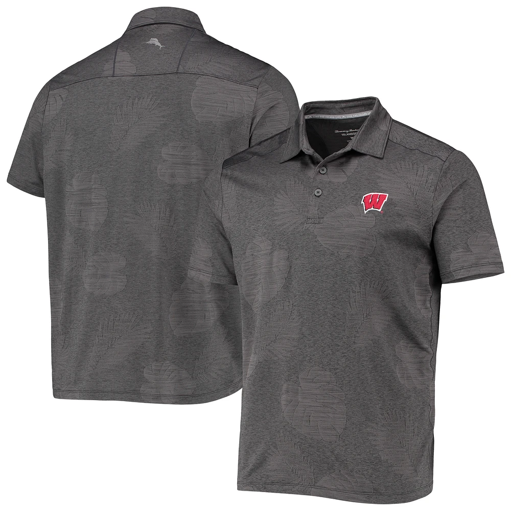 Men's Tommy Bahama Charcoal Wisconsin Badgers Palm Coast Delray Frond IslandZone Allover Print Polo