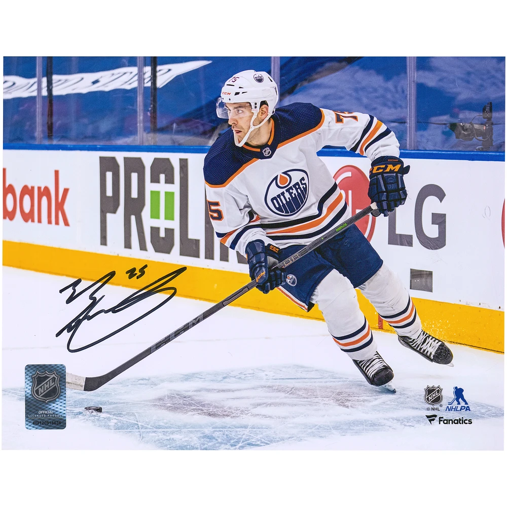 Evan Bouchard Edmonton Oilers Autographed 8'' x 10'' White Jersey with Puck Photograph
