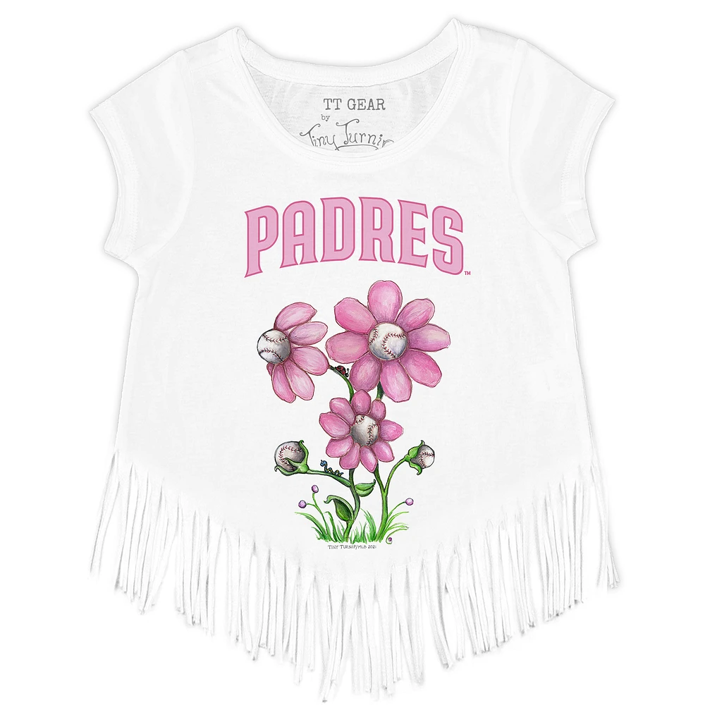 Girls Toddler Tiny Turnip White San Diego Padres Blooming Baseballs Fringe T-Shirt
