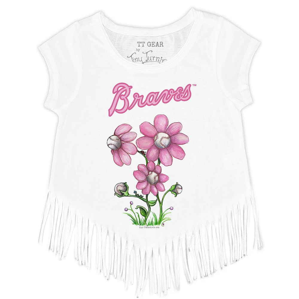 Girls Youth Tiny Turnip White Atlanta Braves Blooming Baseballs Fringe T-Shirt