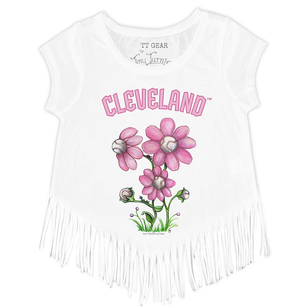 Girls Youth Tiny Turnip White Cleveland Guardians Blooming Baseballs Fringe T-Shirt