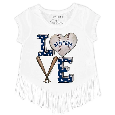 Girls Toddler Tiny Turnip White New York Yankees Baseball Love Fringe T-Shirt