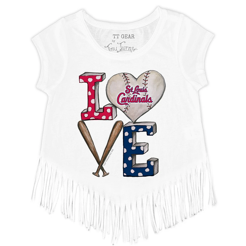 Girls Toddler Tiny Turnip White St. Louis Cardinals Baseball Love Fringe T-Shirt