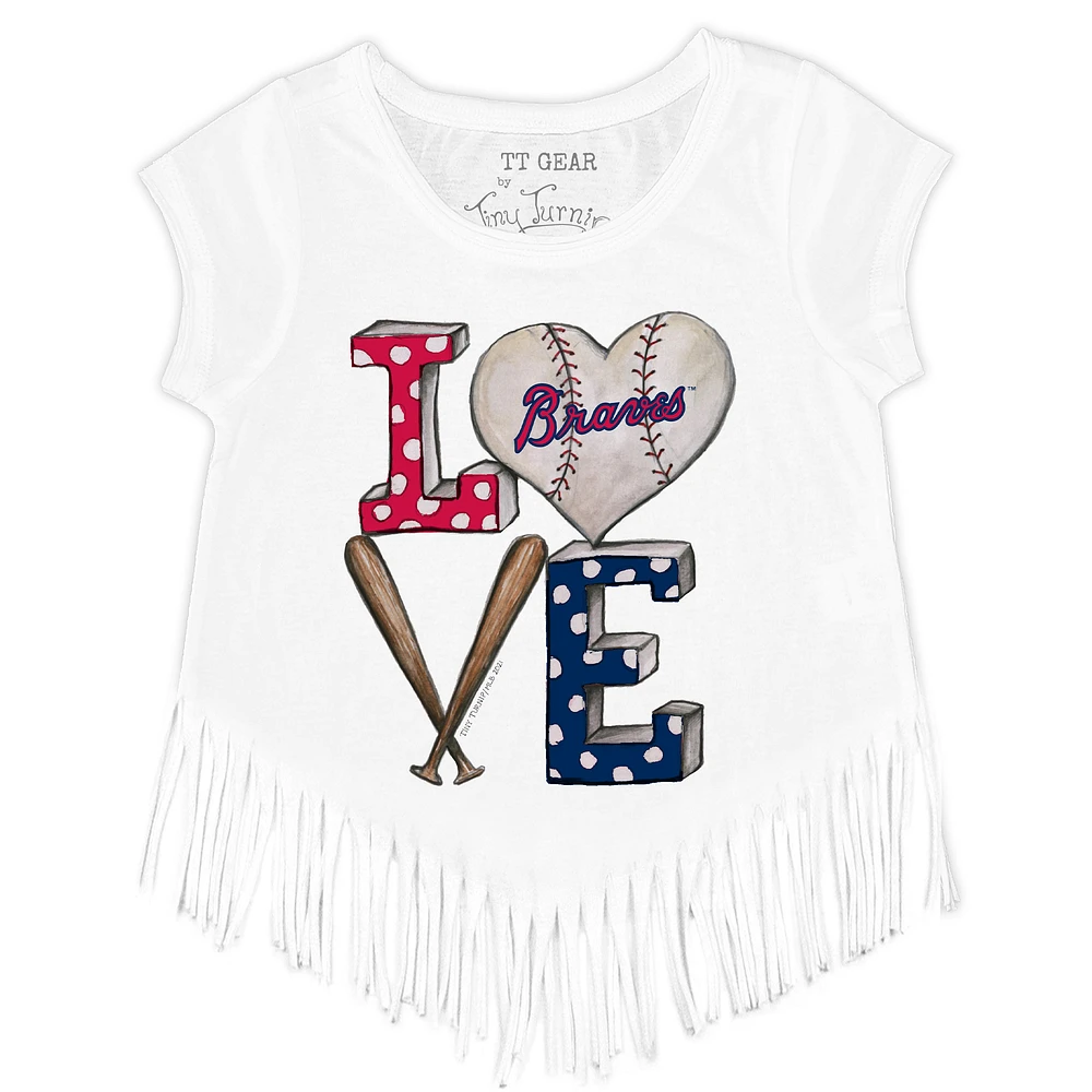 Girls Youth Tiny Turnip White Atlanta Braves Baseball Love Fringe T-Shirt