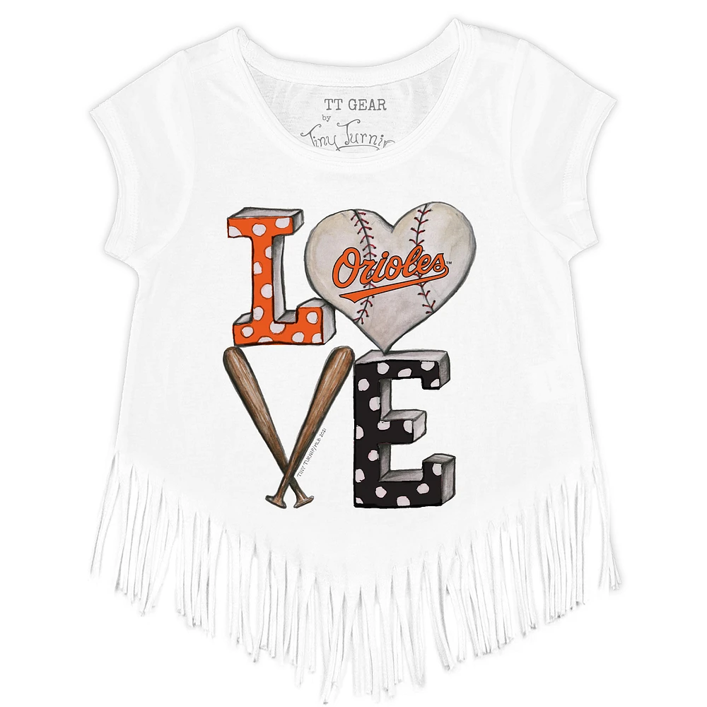 Girls Youth Tiny Turnip White Baltimore Orioles Baseball Love Fringe T-Shirt