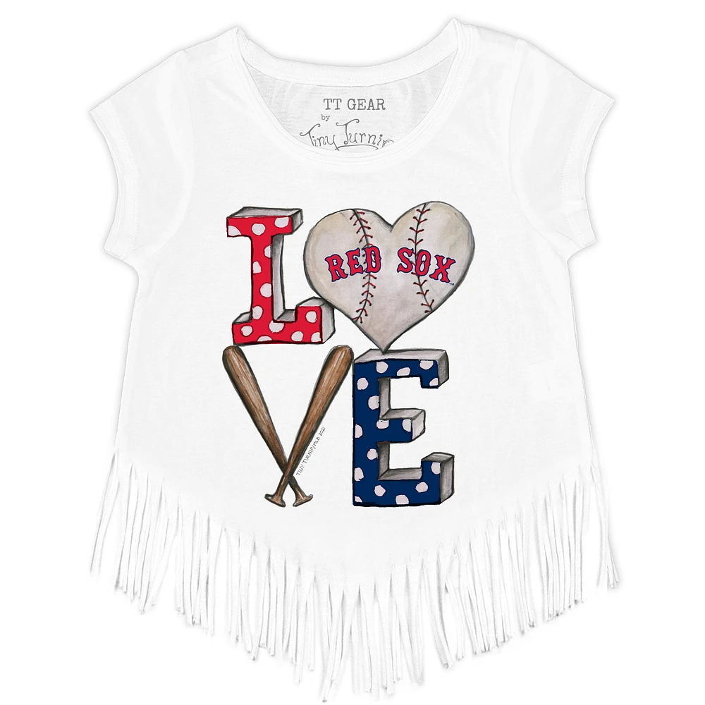 Girls Youth Tiny Turnip White Boston Red Sox Baseball Love Fringe T-Shirt