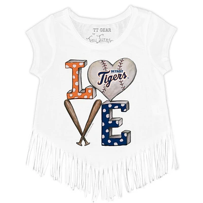 Girls Youth Tiny Turnip White Detroit Tigers Baseball Love Fringe T-Shirt