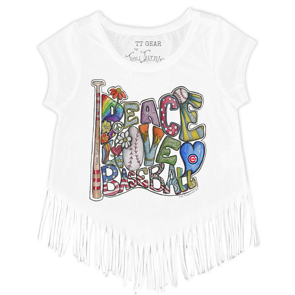 Girls Youth Tiny Turnip White Chicago Cubs Peace Love Baseball Fringe T-Shirt
