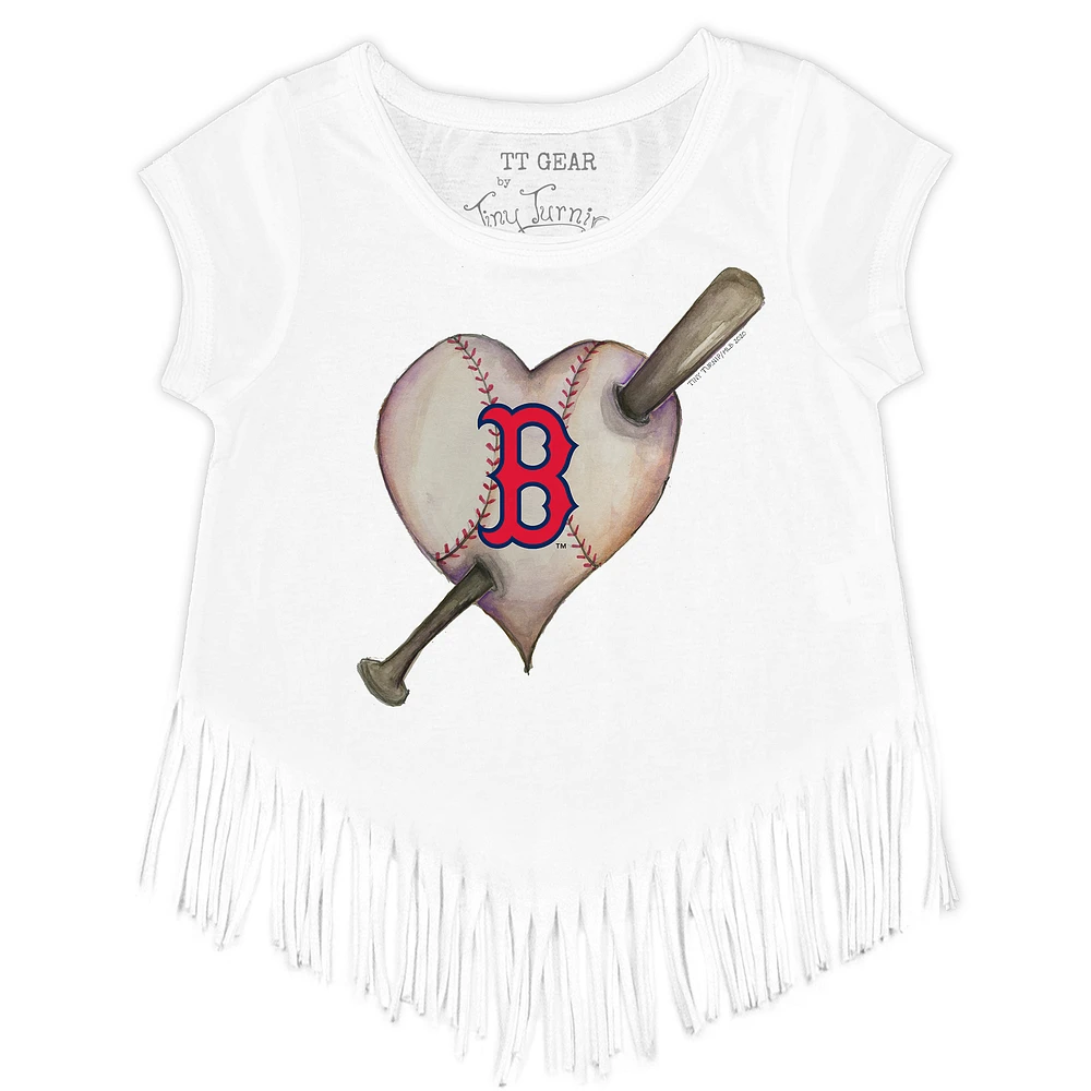 Girls Youth Tiny Turnip White Boston Red Sox Heart Bat Fringe T-Shirt