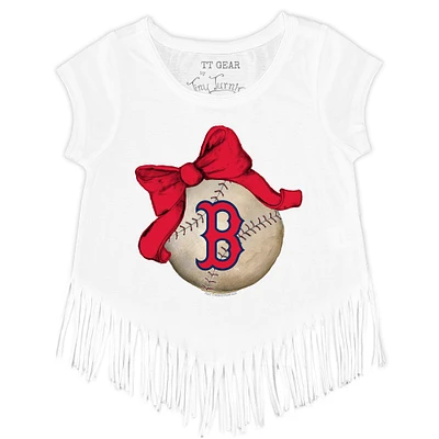 Girls Toddler Tiny Turnip White Boston Red Sox Baseball Bow Fringe T-Shirt
