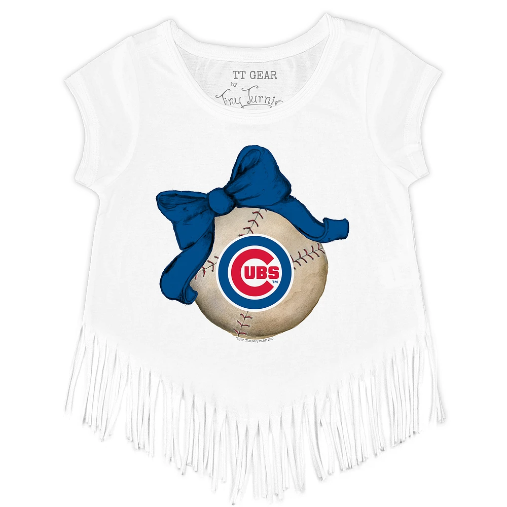Girls Toddler Tiny Turnip White Chicago Cubs Baseball Bow Fringe T-Shirt