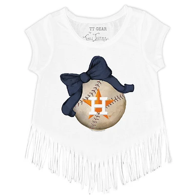 Girls Toddler Tiny Turnip White Houston Astros Baseball Bow Fringe T-Shirt