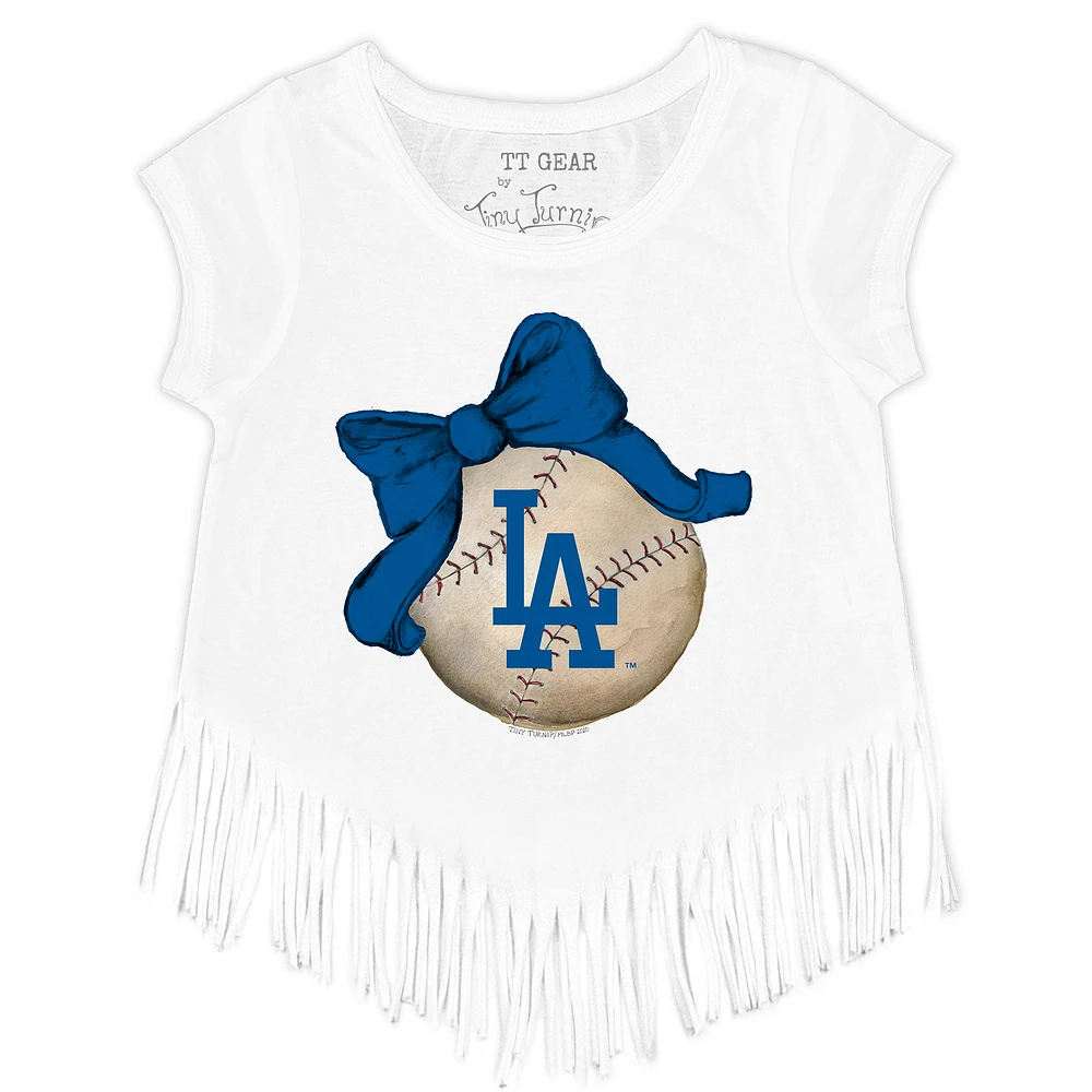 Girls Toddler Tiny Turnip White Los Angeles Dodgers Baseball Bow Fringe T-Shirt