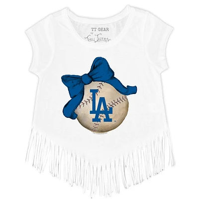 Girls Toddler Tiny Turnip White Los Angeles Dodgers Baseball Bow Fringe T-Shirt