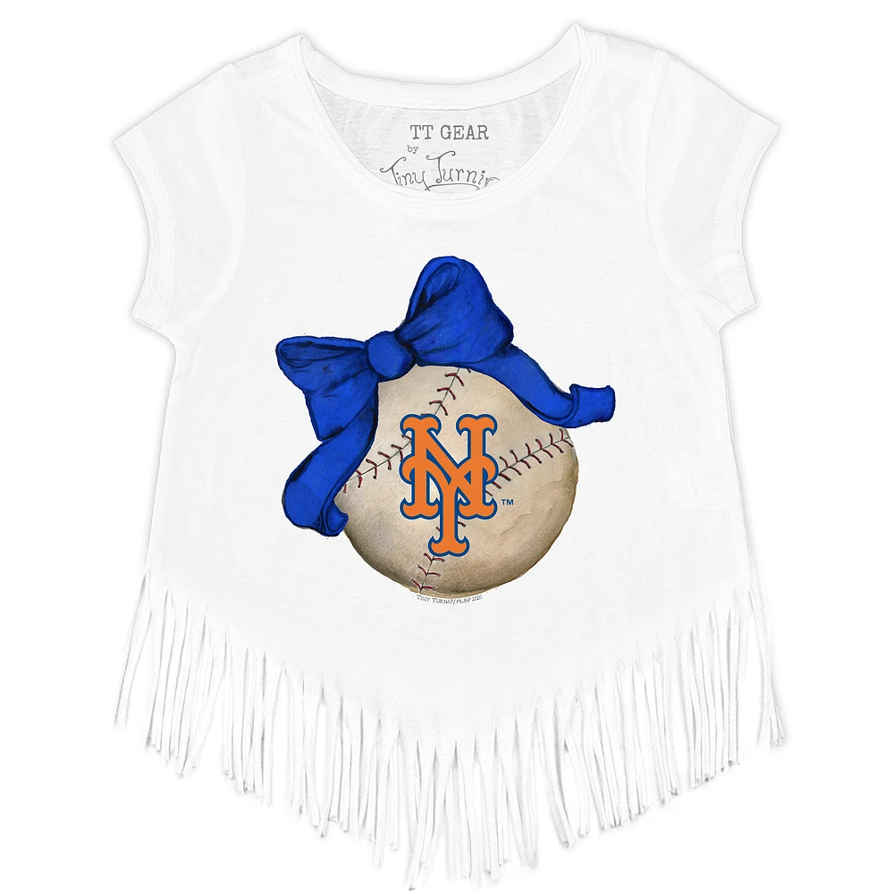 Girls Toddler Tiny Turnip White New York Mets Baseball Bow Fringe T-Shirt