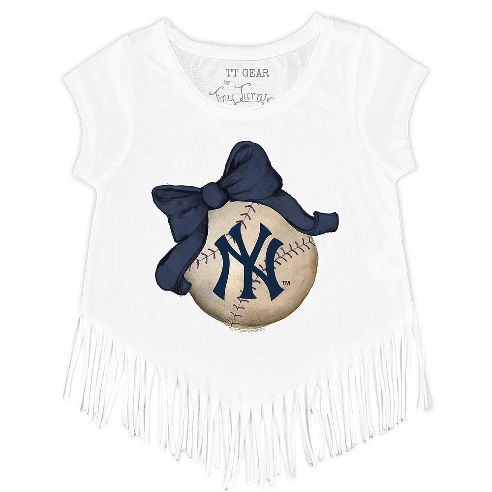 Girls Toddler Tiny Turnip White New York Yankees Baseball Bow Fringe T-Shirt