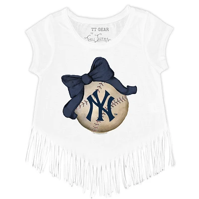 Girls Toddler Tiny Turnip White New York Yankees Baseball Bow Fringe T-Shirt