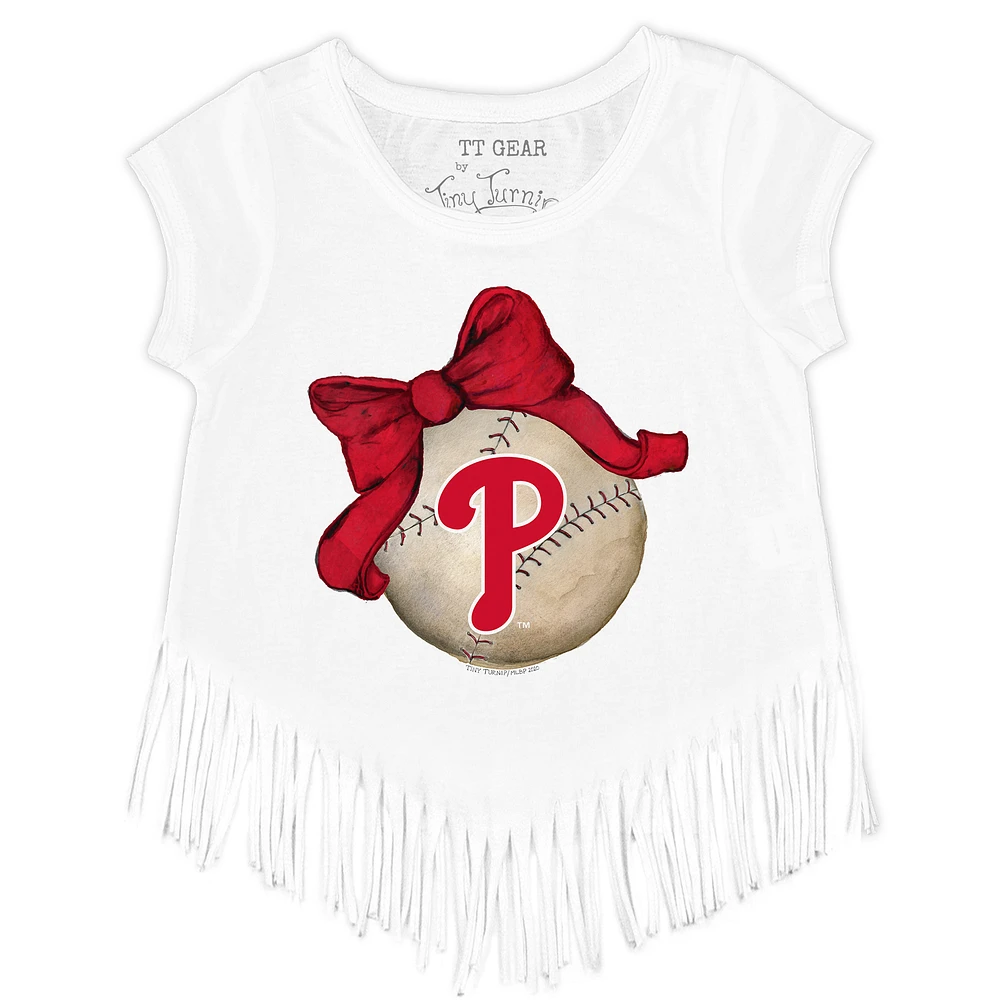 Girls Toddler Tiny Turnip White Philadelphia Phillies Baseball Bow Fringe T-Shirt