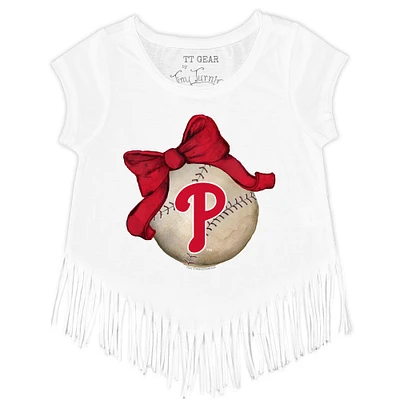 Girls Toddler Tiny Turnip White Philadelphia Phillies Baseball Bow Fringe T-Shirt