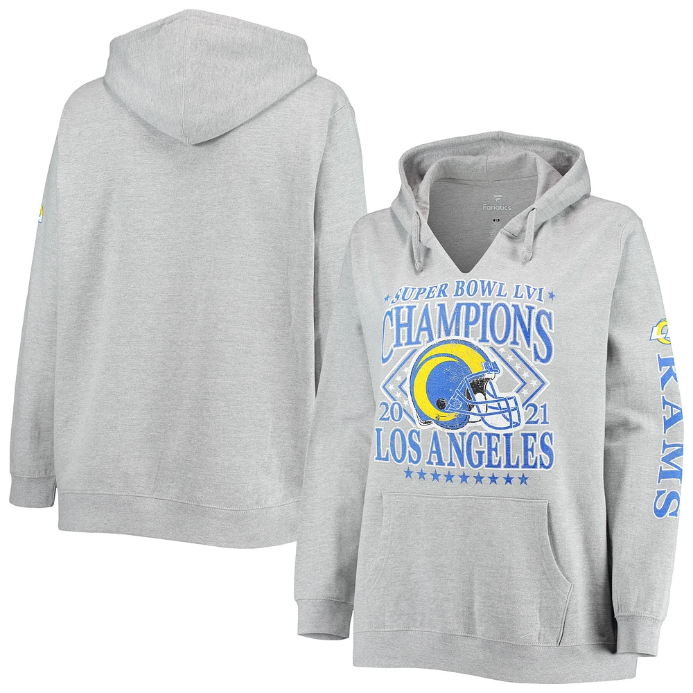 Women's Fanatics Heathered Gray Los Angeles Rams Super Bowl LVI Champions Retro V-Neck Plus Pullover Hoodie