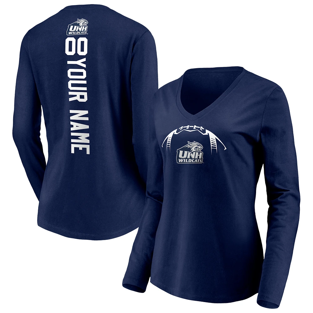 Women's Navy New Hampshire Wildcats Personalized Playmaker Football Long Sleeve V-Neck T-Shirt