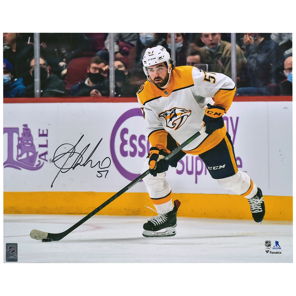 Dante Fabbro Nashville Predators Autographed 16" x 20" White Jersey with Puck Photograph