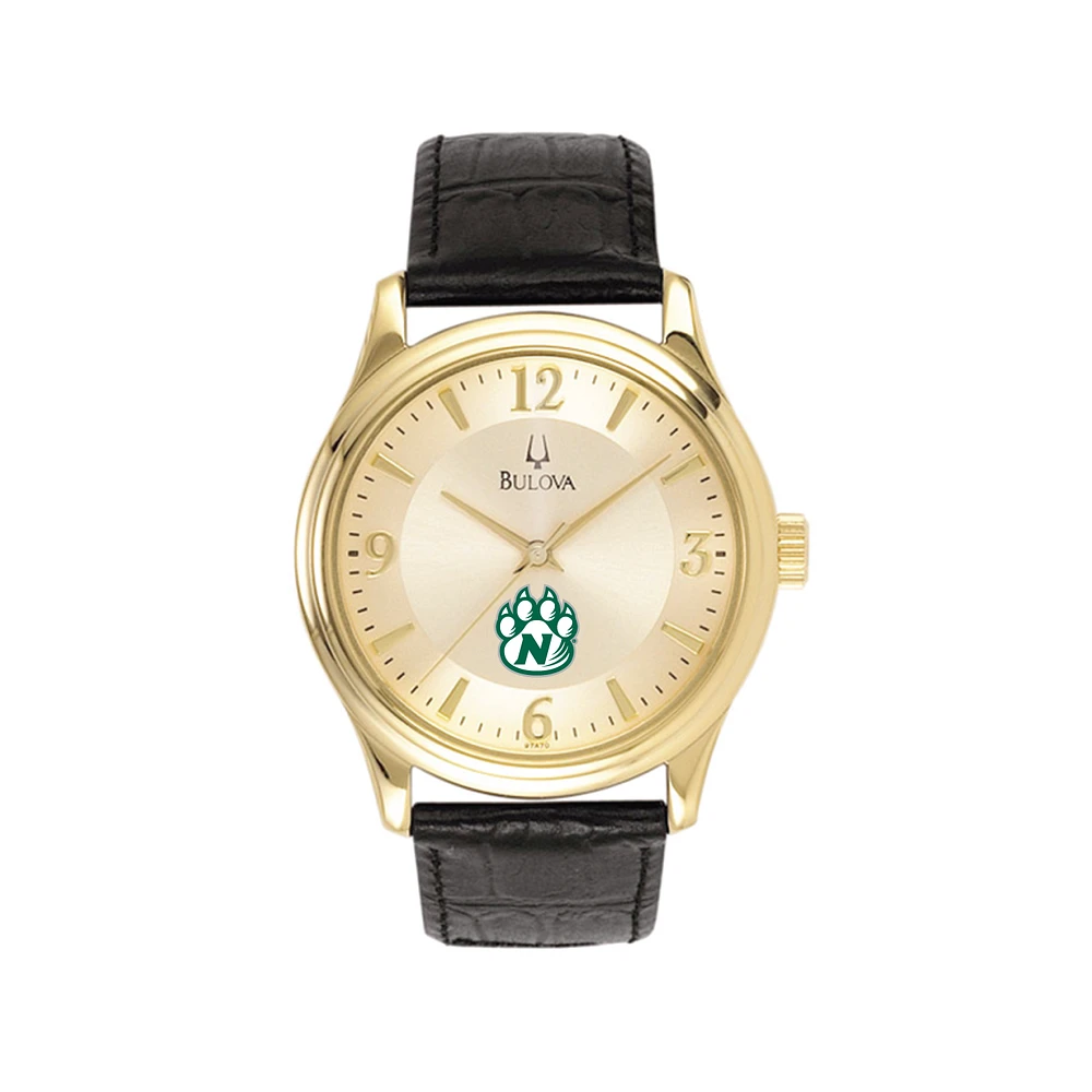 Men's Bulova Gold/Black Northwest Missouri State Bearcats Stainless Steel Watch with Leather Band