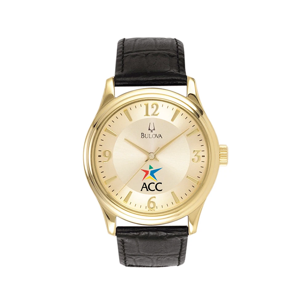 Men's Bulova Gold/Black Austin Community College Stainless Steel Watch with Leather Band