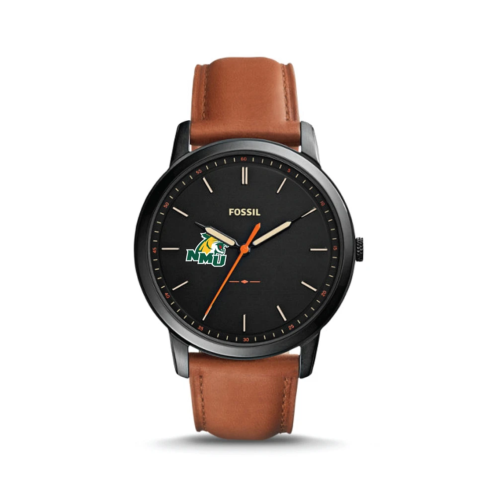 Fossil Black Northern Michigan Wildcats The Minimalist Slim Light Brown Leather Watch