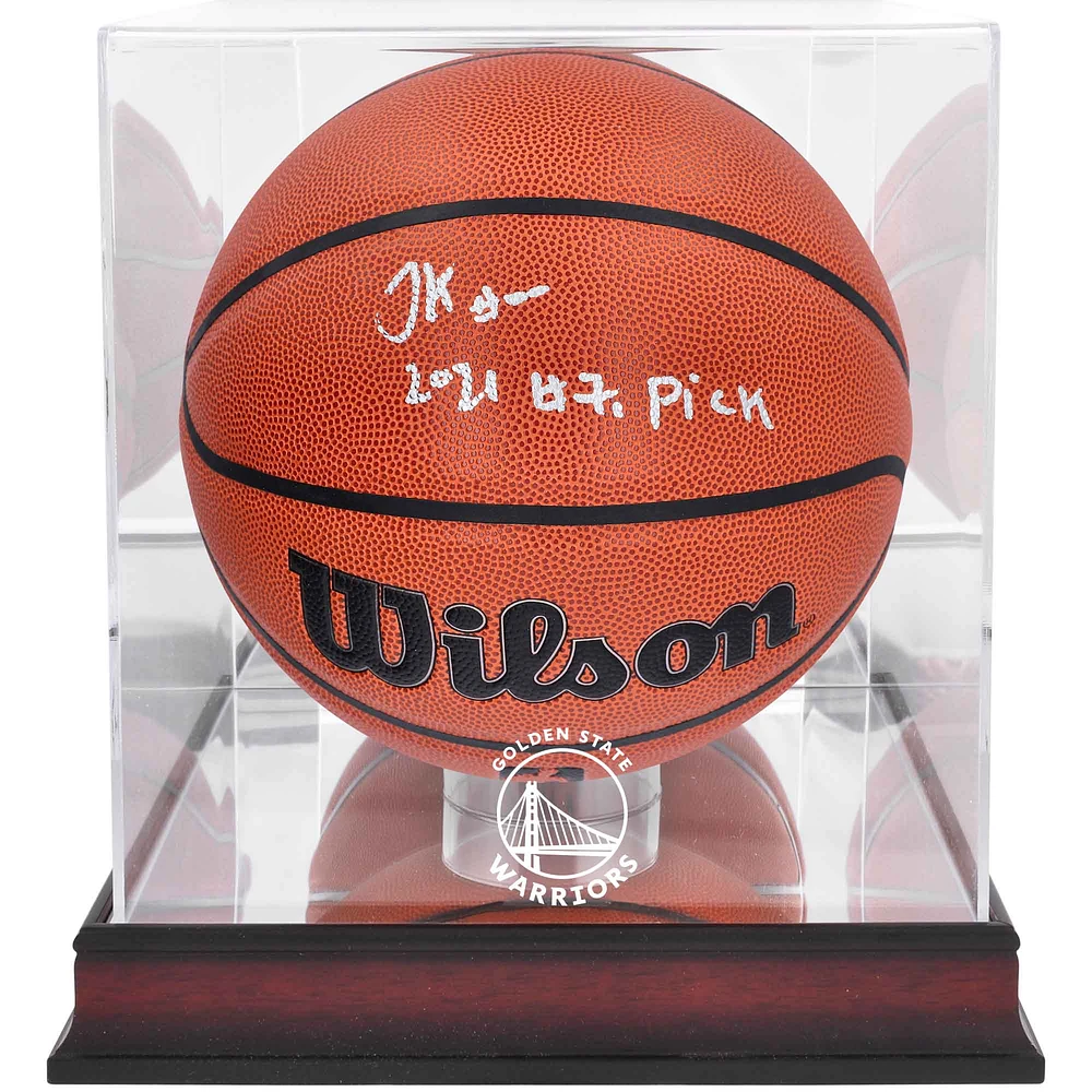 Jonathan Kuminga Golden State Warriors Autographed Wilson Replica Basketball with "2021 #7 Pick" Inscription & Mahogany Team Logo Display Case