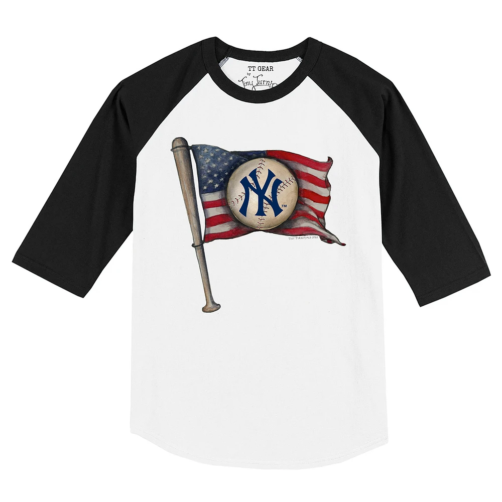 Toddler Tiny Turnip White/Black New York Yankees Baseball Flag Raglan 3/4 Sleeve T-Shirt