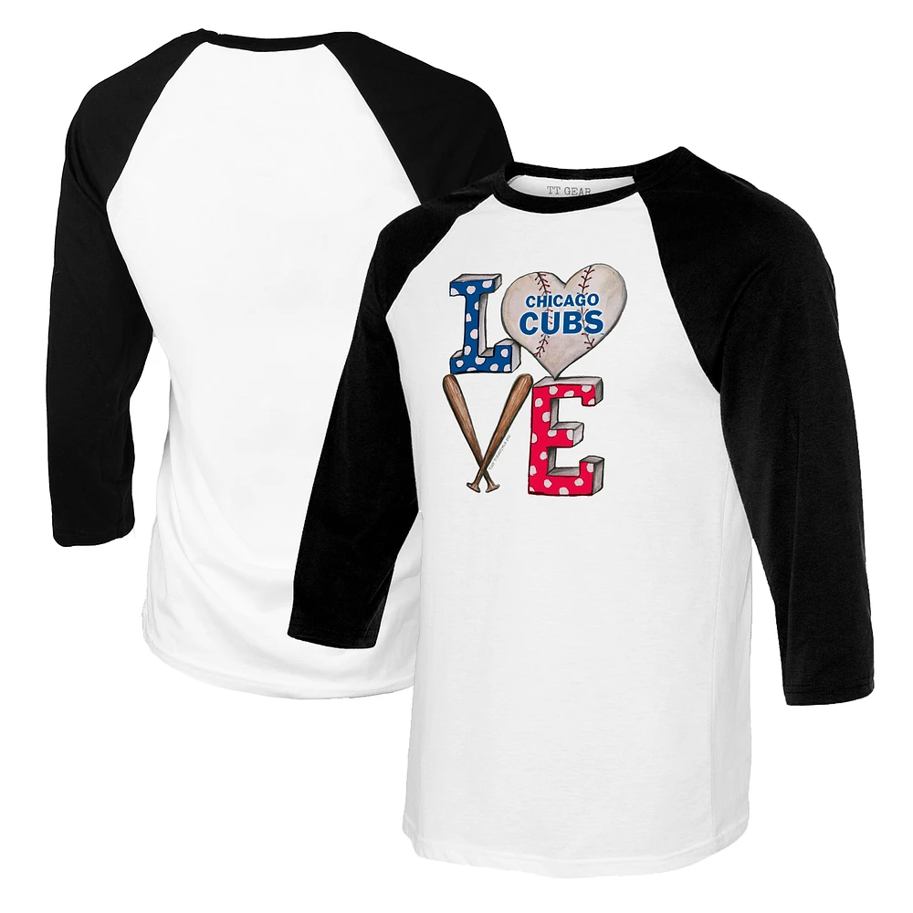 Women's Tiny Turnip White/Black Chicago Cubs Baseball Love Raglan 3/4-Sleeve T-Shirt