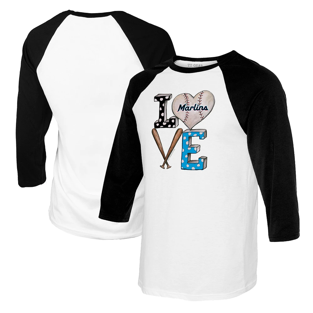 Women's Tiny Turnip White/Black Miami Marlins Baseball Love Raglan 3/4-Sleeve T-Shirt