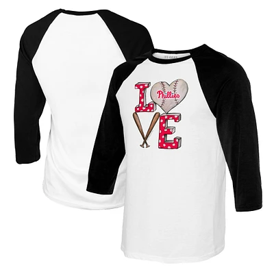 Women's Tiny Turnip White/Black Philadelphia Phillies Baseball Love Raglan 3/4-Sleeve T-Shirt