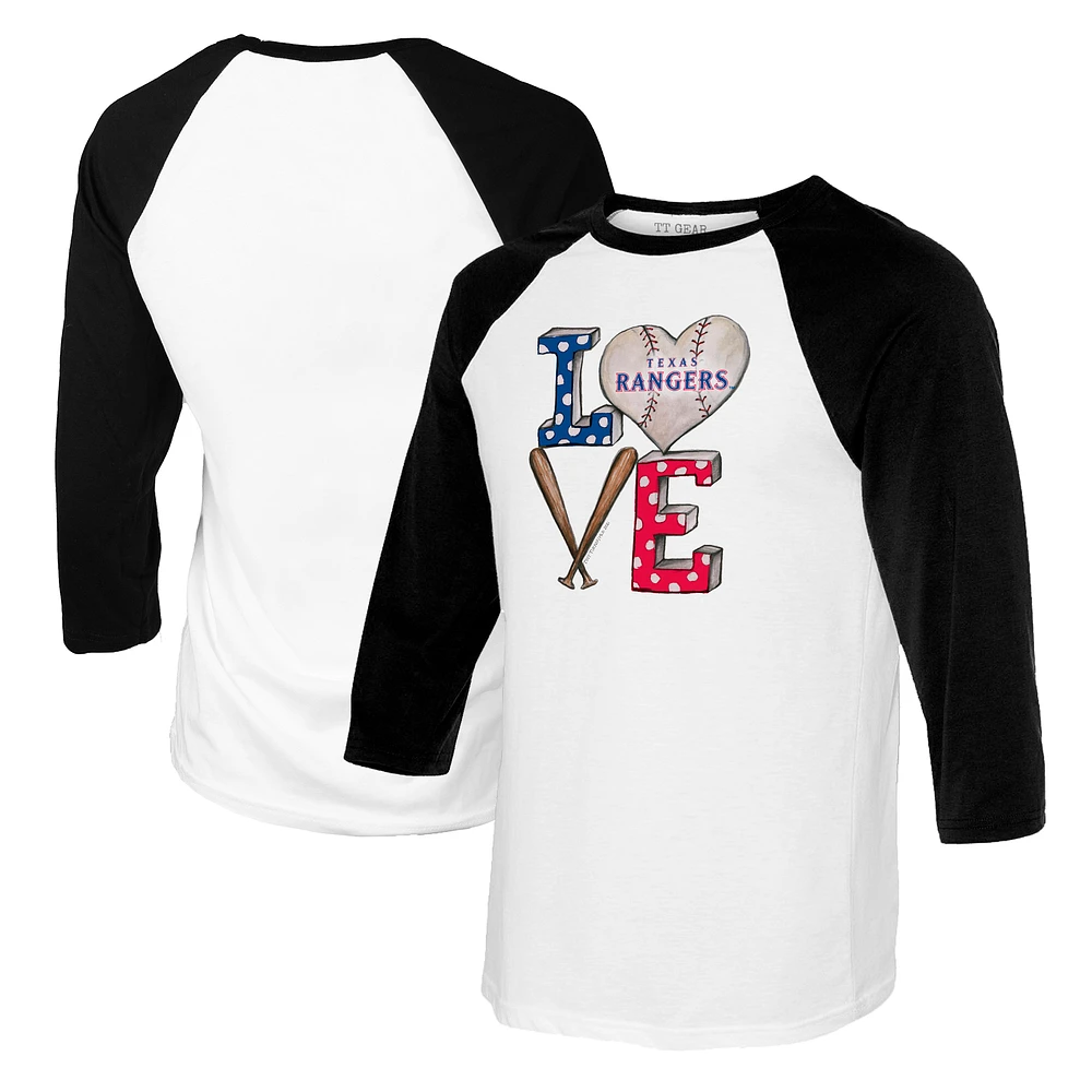 Women's Tiny Turnip White/Black Texas Rangers Baseball Love Raglan 3/4-Sleeve T-Shirt