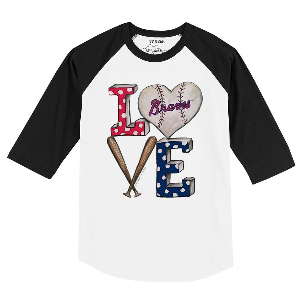 Toddler Tiny Turnip White/Black Atlanta Braves Baseball Love Raglan 3/4 Sleeve T-Shirt