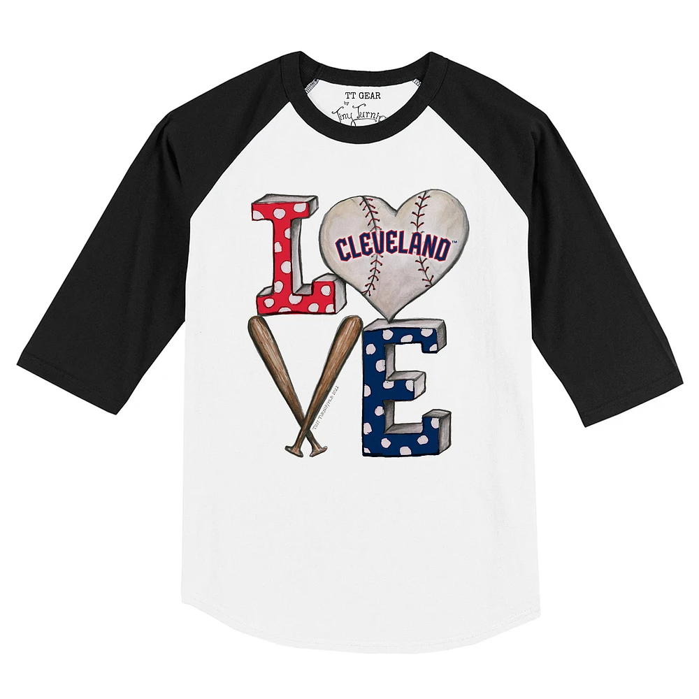 Toddler Tiny Turnip White/Black Cleveland Guardians Baseball Love Raglan 3/4 Sleeve T-Shirt