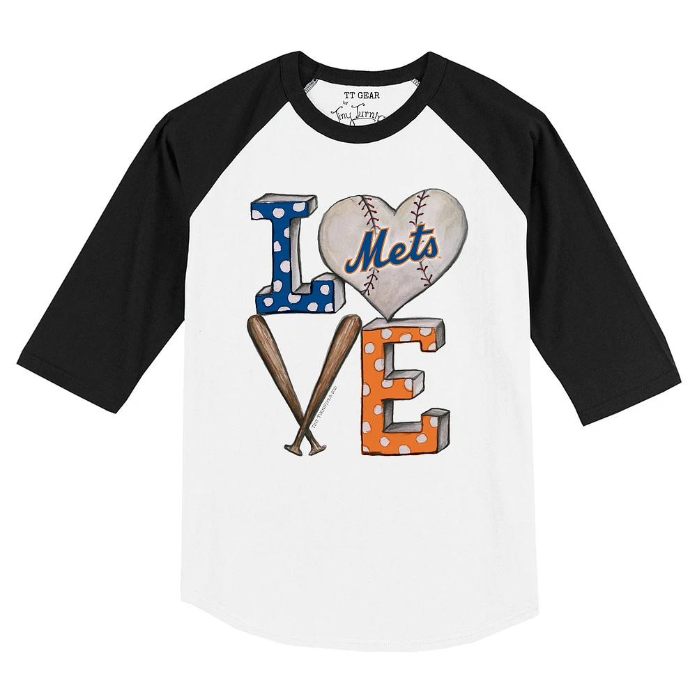 Toddler Tiny Turnip White/Black New York Mets Baseball Love Raglan 3/4 Sleeve T-Shirt