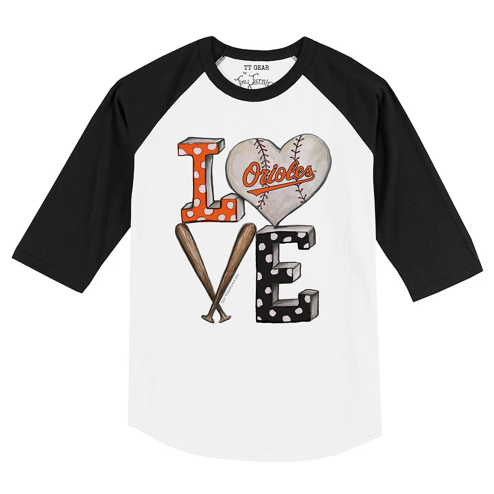 Toddler Tiny Turnip White/Black Baltimore Orioles Baseball Love Raglan 3/4 Sleeve T-Shirt