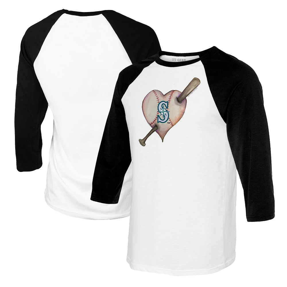 Youth Tiny Turnip White/Black Seattle Mariners Heart Bat Raglan 3/4 Sleeve T-Shirt