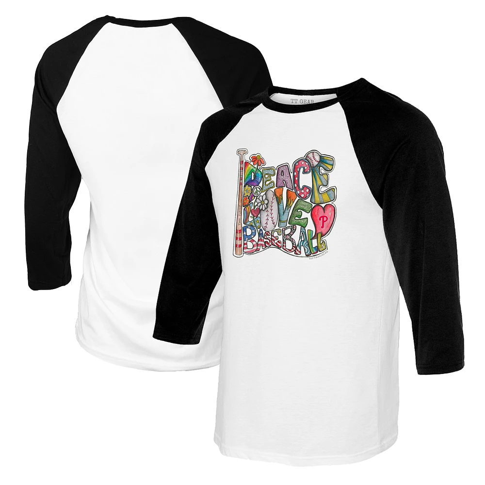 Women's Tiny Turnip White/Black Philadelphia Phillies Peace Love Baseball 3/4-Sleeve Raglan T-Shirt