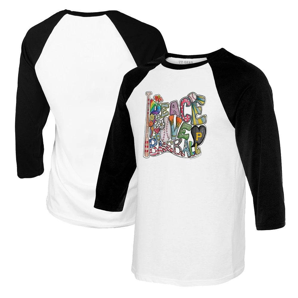 Women's Tiny Turnip White/Black Pittsburgh Pirates Peace Love Baseball 3/4-Sleeve Raglan T-Shirt
