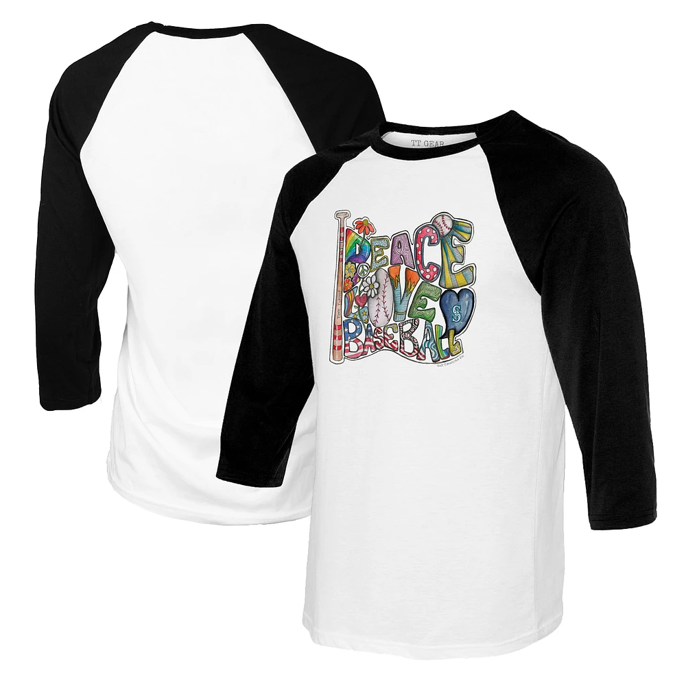 Women's Tiny Turnip White/Black Seattle Mariners Peace Love Baseball 3/4-Sleeve Raglan T-Shirt