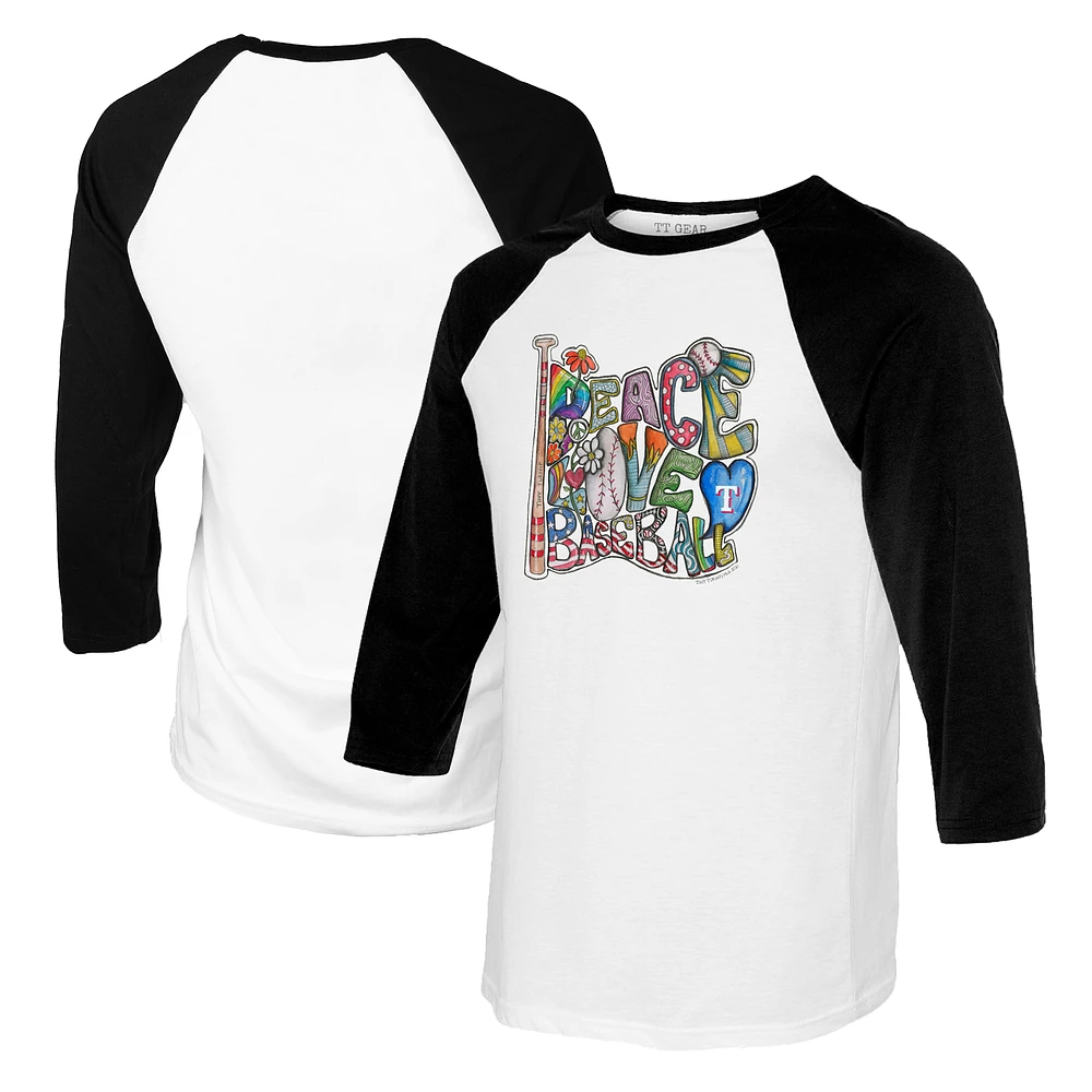 Women's Tiny Turnip White/Black Texas Rangers Peace Love Baseball 3/4-Sleeve Raglan T-Shirt