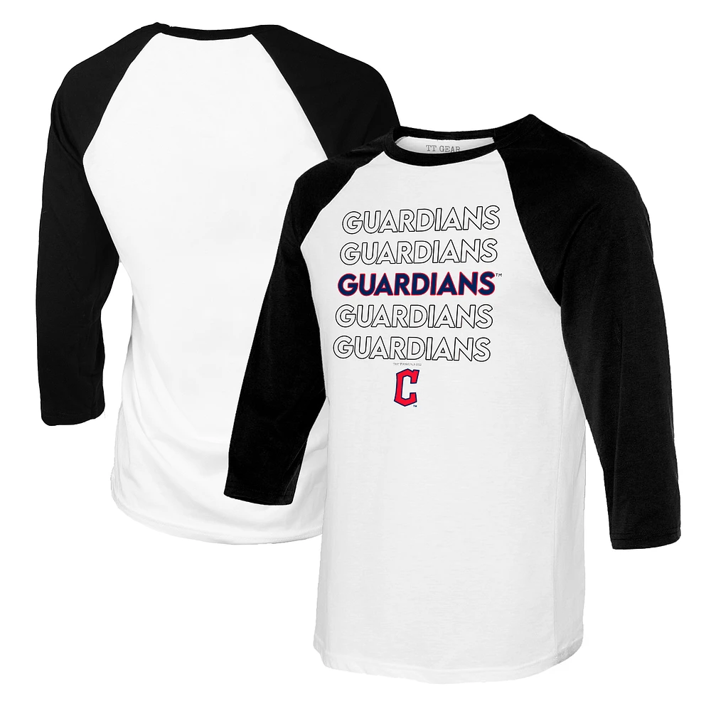 Women's Tiny Turnip White/Black Cleveland Guardians Stacked 3/4-Sleeve Raglan T-Shirt