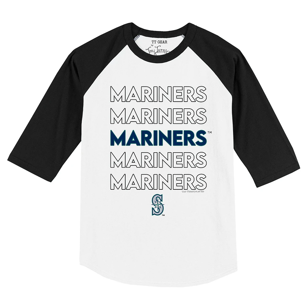 Toddler Tiny Turnip White/Black Seattle Mariners Stacked Raglan 3/4 Sleeve T-Shirt