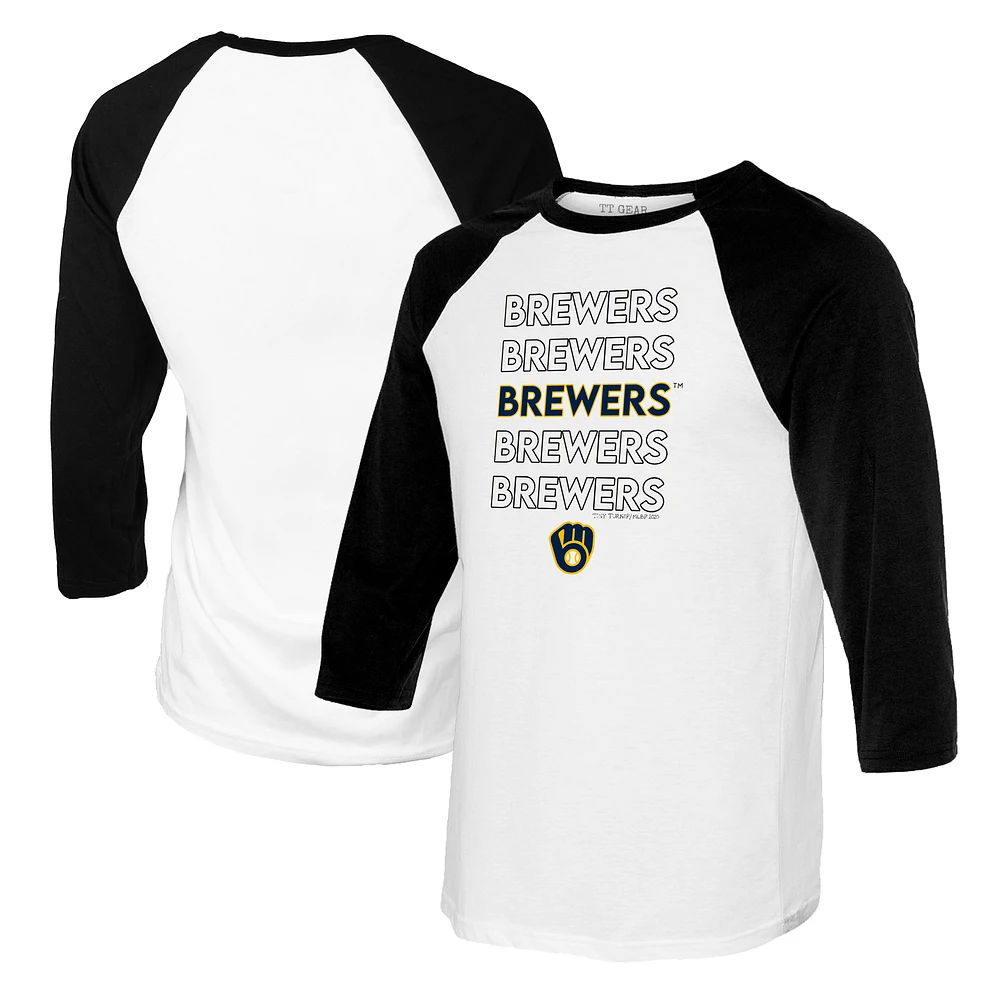 Youth Tiny Turnip White/Black Milwaukee Brewers Stacked Raglan 3/4 Sleeve T-Shirt